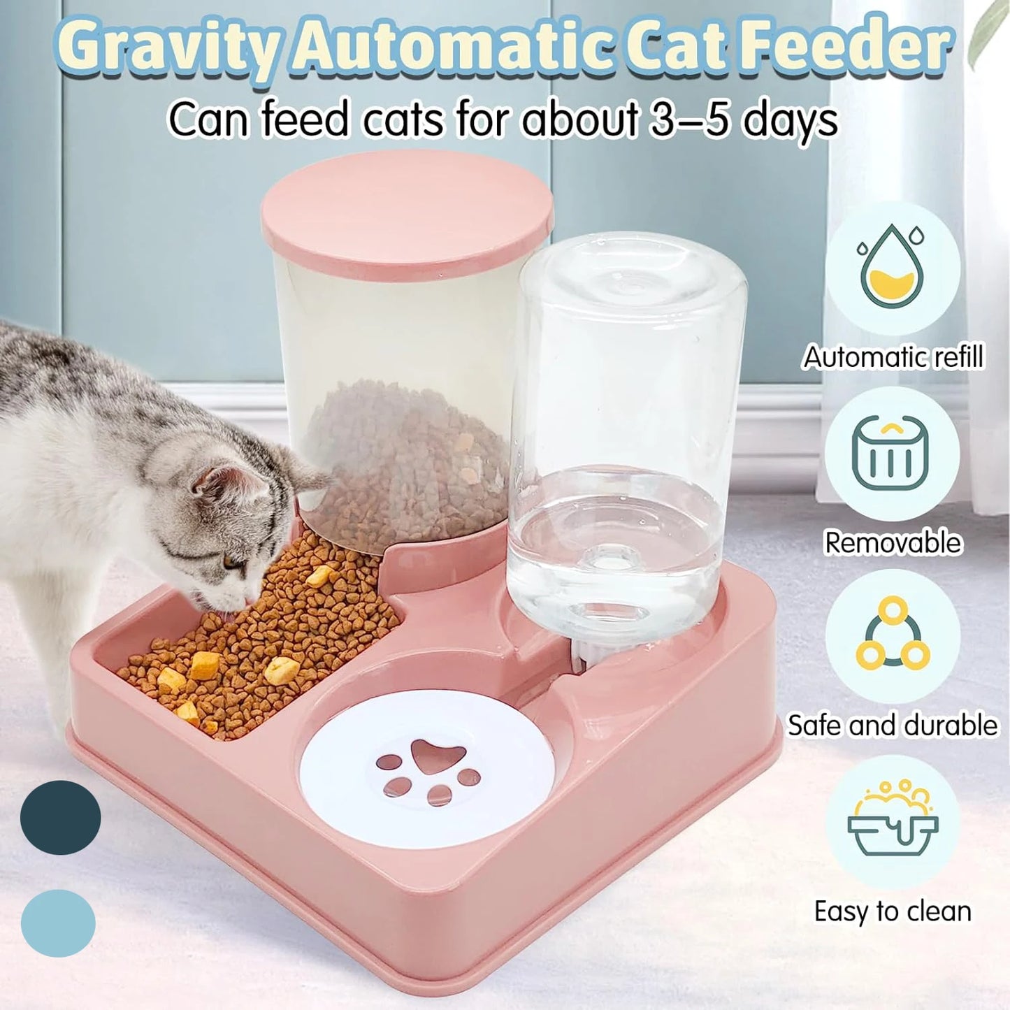 Juego de dispensador de agua automático para gatos, alimentador de agua y comida para mascotas automático inclinado 2 en 1, alimentador y bebedero por gravedad