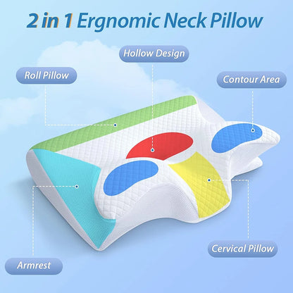 1 almohada Cervical de espuma viscoelástica, almohada ortopédica de contorno ergonómica 2 en 1 para dolor de cuello, almohadas de soporte contorneadas, almohada para el cuello