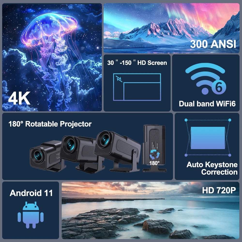 Velec HY320 Mini proyector actualizado 4K Android 11 WiFi 6 BT 5,0 Allwinner H713 proyector portátil para el hogar y exteriores HY320 MINI