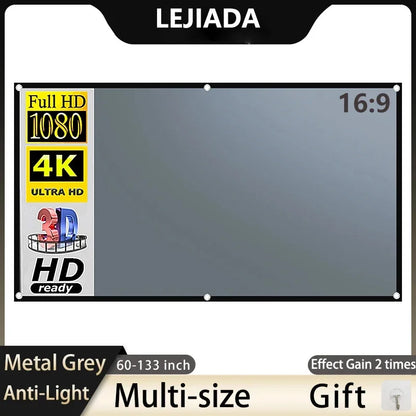 Pantalla de proyector LEJIADA 60-133 pulgadas Metal gris antiluz 16:9 borde negro portátil con agujeros pantalla de proyección para el hogar y exteriores