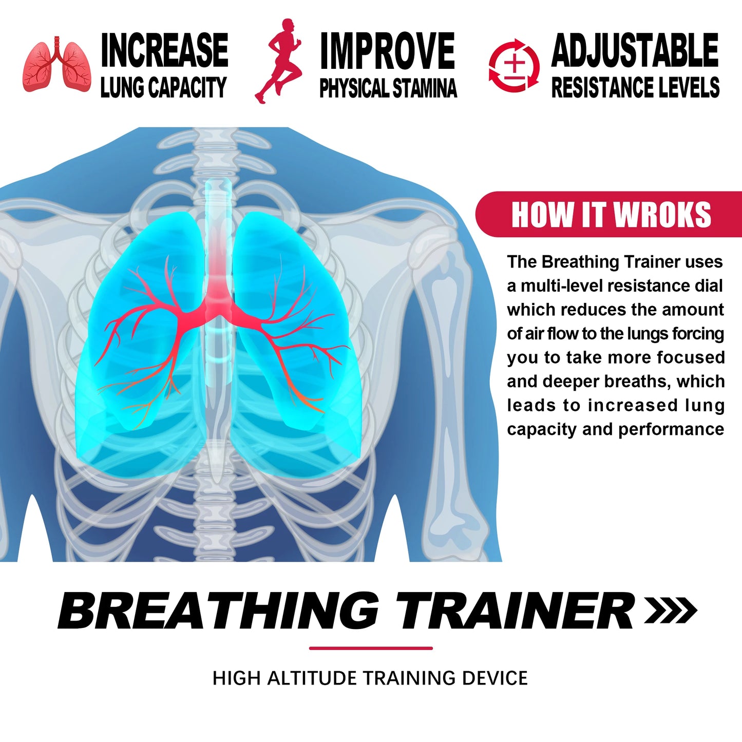 Entrenador respiratorio portátil. Mejorar la capacidad respiratoria | Resistencia ajustable, ajustable a diferentes necesidades físicas