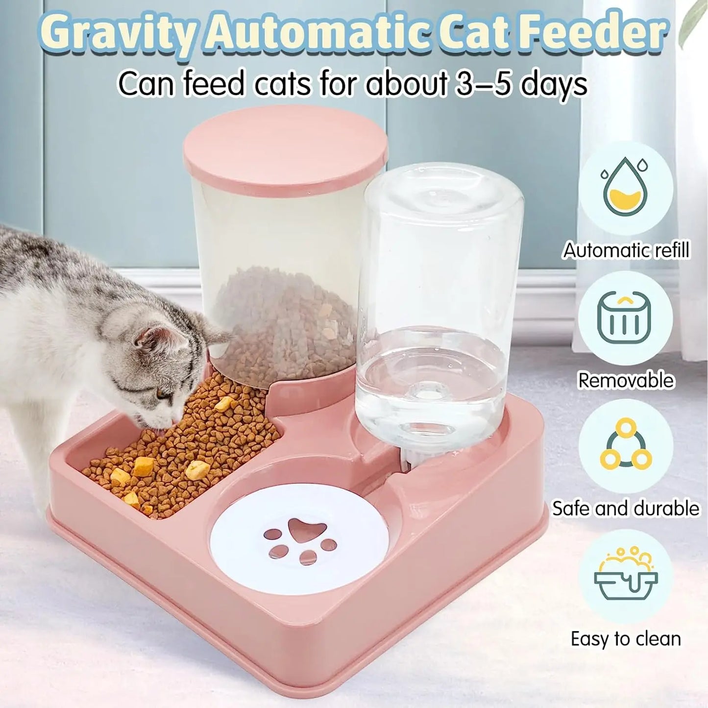 Juego de dispensador de agua automático para gatos, alimentador de agua y comida para mascotas automático inclinado 2 en 1, alimentador y bebedero por gravedad